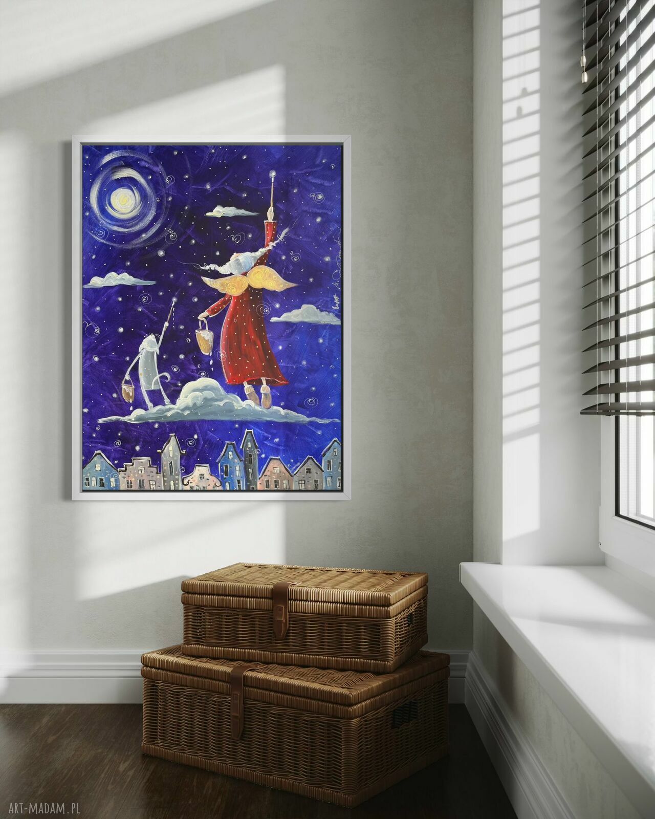 Magiczne gwiazdki marzeń - Giclee obraz na płótnie kot i anioł