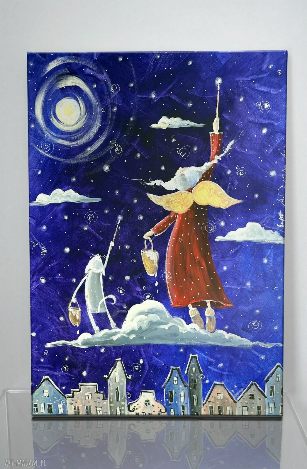 Magiczne gwiazdki marzeń - Giclee (obraz na płótnie kot i anioł)