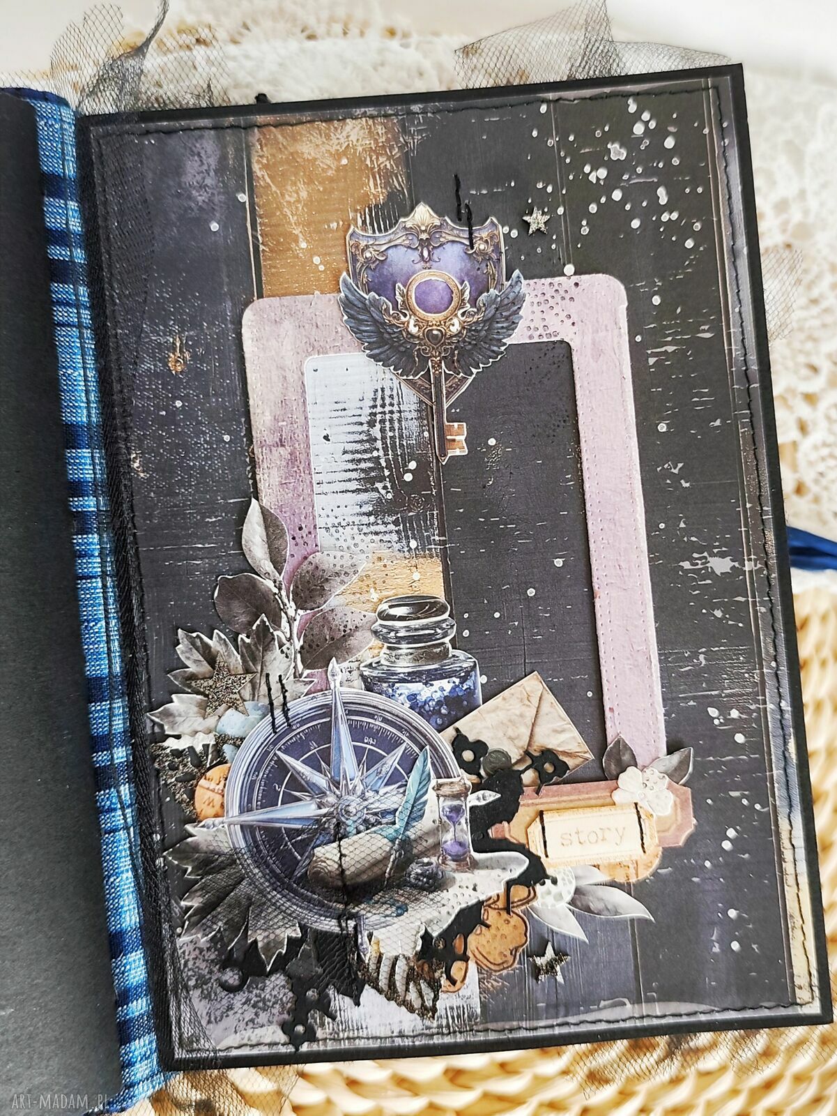 Magiczny junk journal A5 - ręcznie robiony notes fantasy z kotem i księżycem
