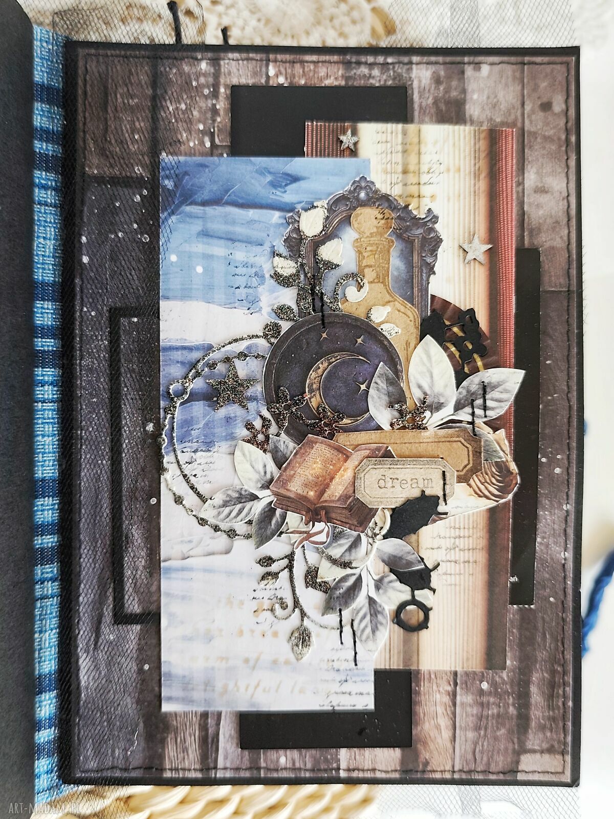 Magiczny junk journal A5 - ręcznie robiony notes fantasy z kotem i księżycem
