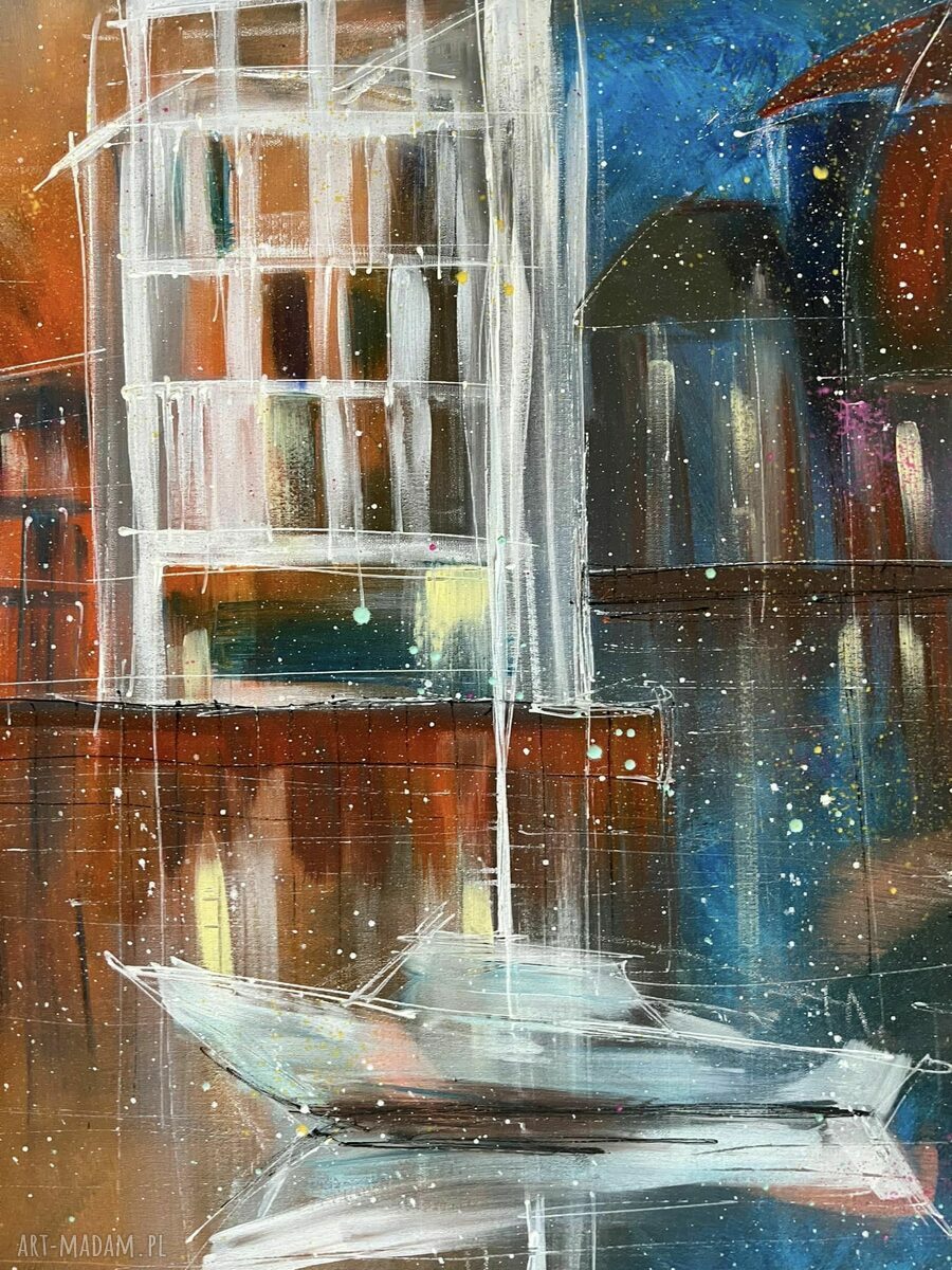 Magiczny wieczór. Gdańsk - ręcznie malowany obraz na płótnie 140x80 cm