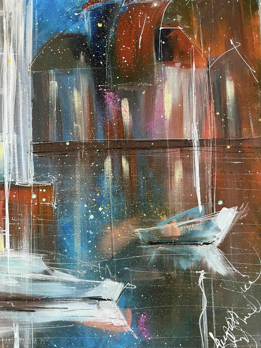 Magiczny wieczór. Gdańsk - ręcznie malowany obraz na płótnie 140x80 cm