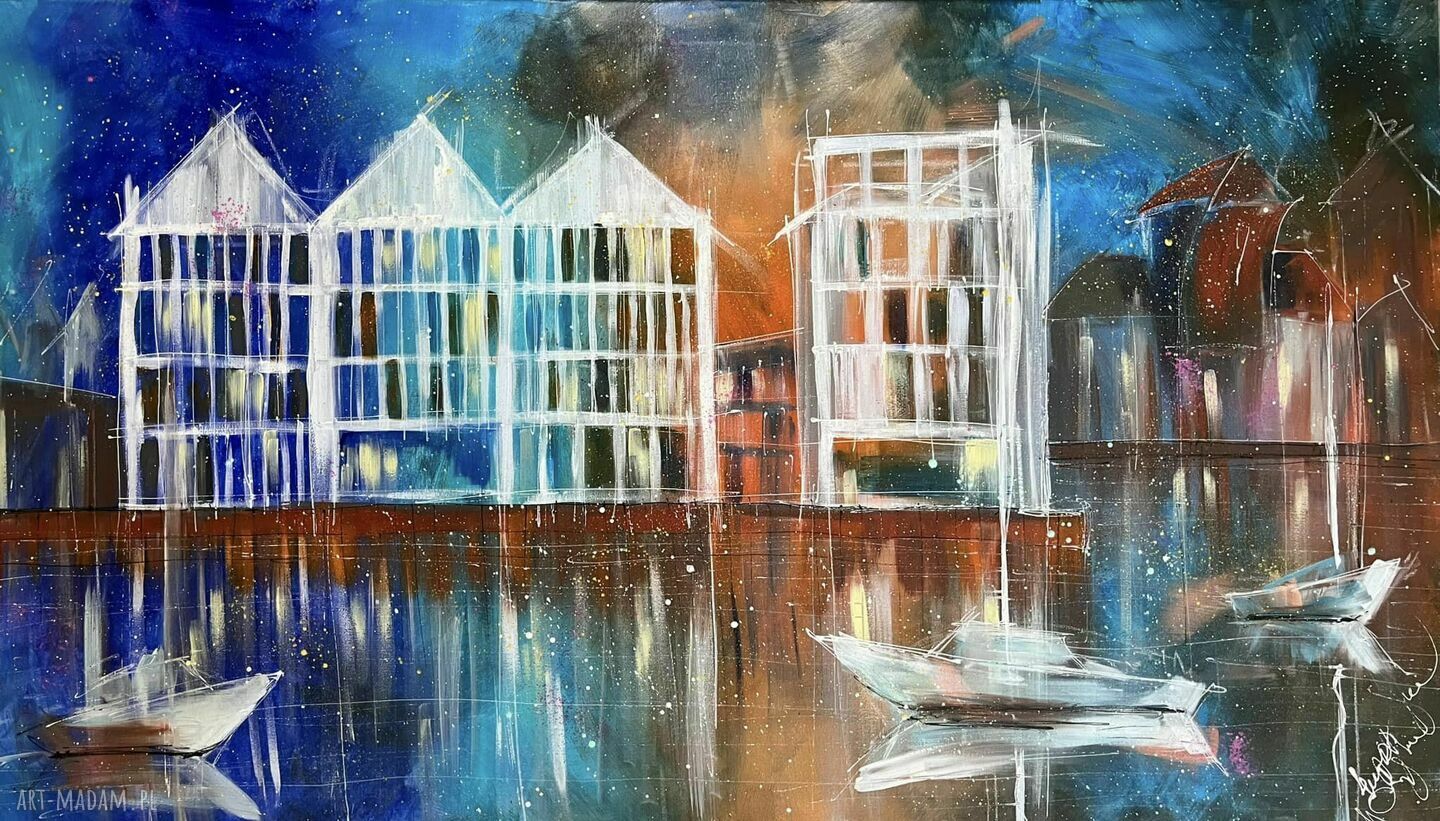 Magiczny wieczór. Gdańsk - ręcznie malowany obraz na płótnie 140x80 cm
