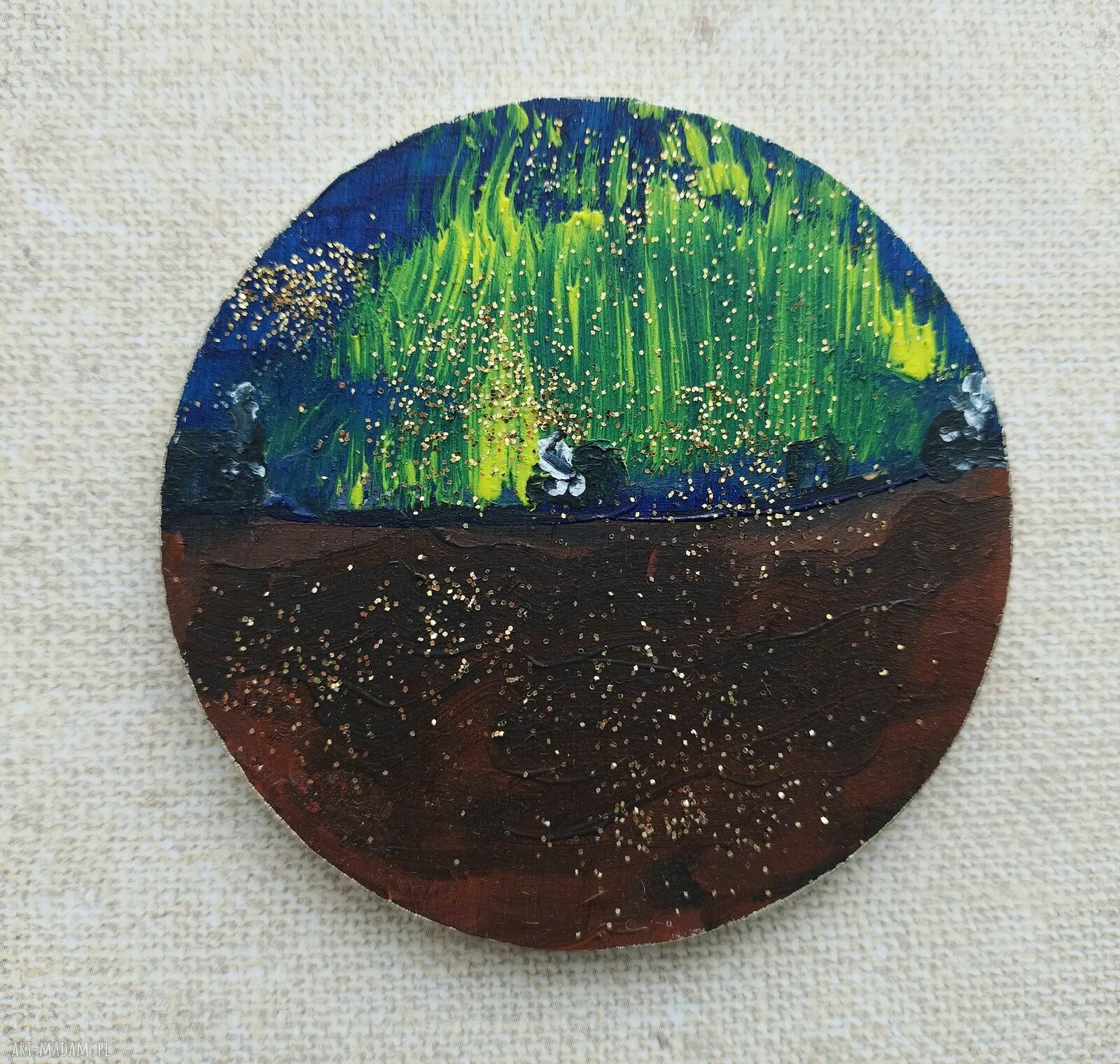 Magnes drewniany na lodówkę - Zorza polarna, malowany akrylem (8 cm)