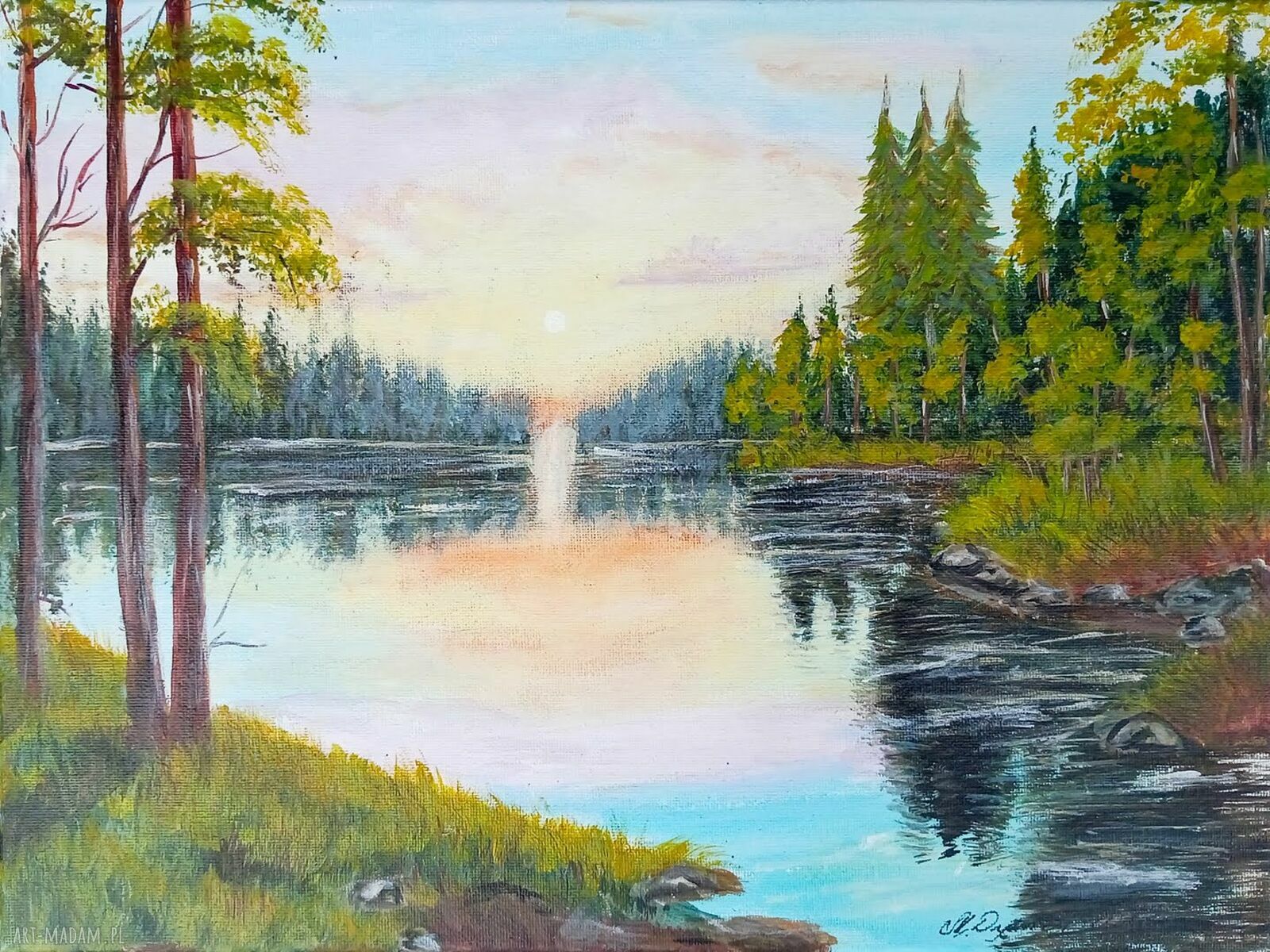 Ręcznie malowany pejzaż akrylowy na płótnie 30x40 cm - Zachód barw