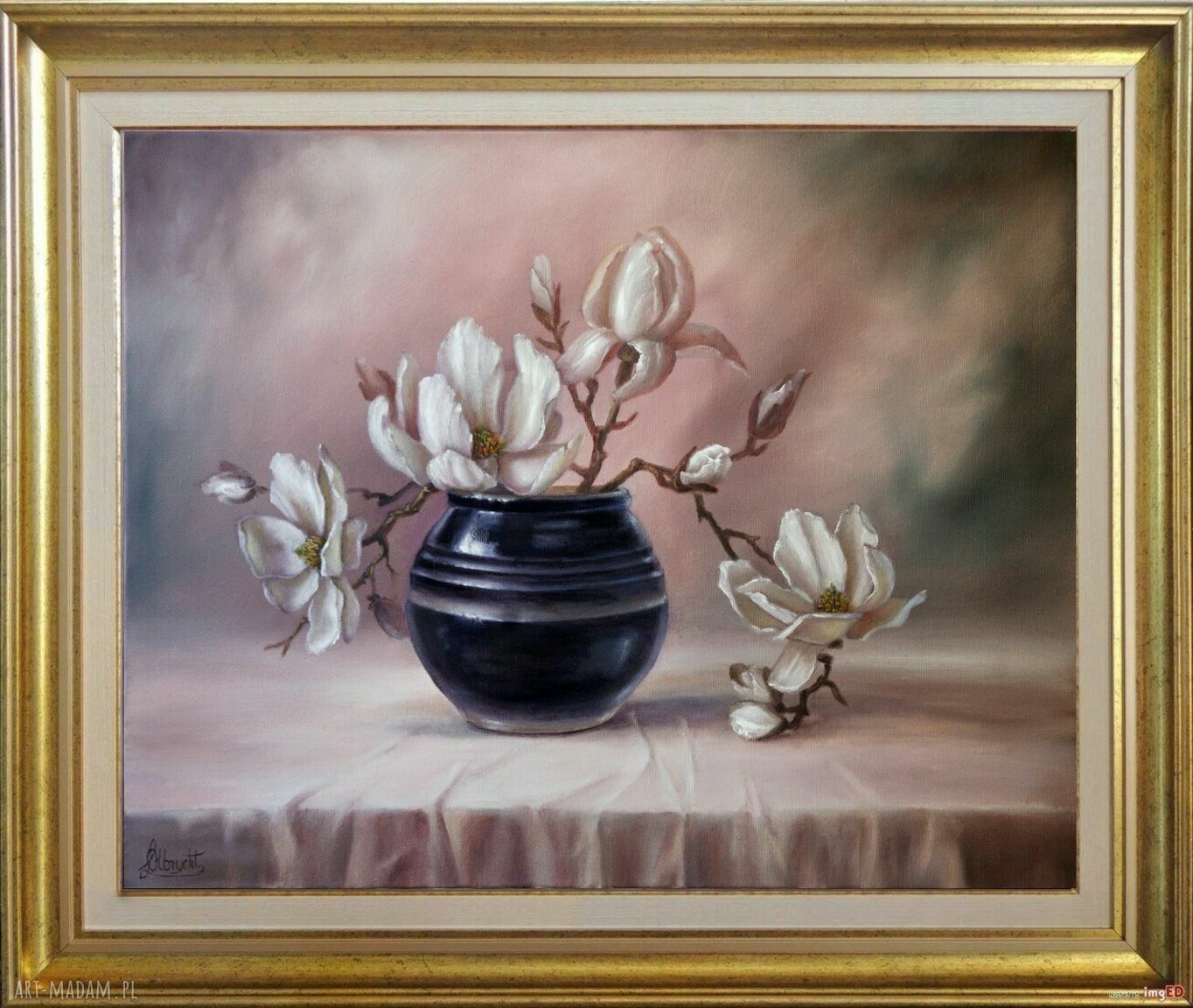 Obraz olejny Magnolia, bukiet w wazonie - ręcznie malowany 46x61 cm