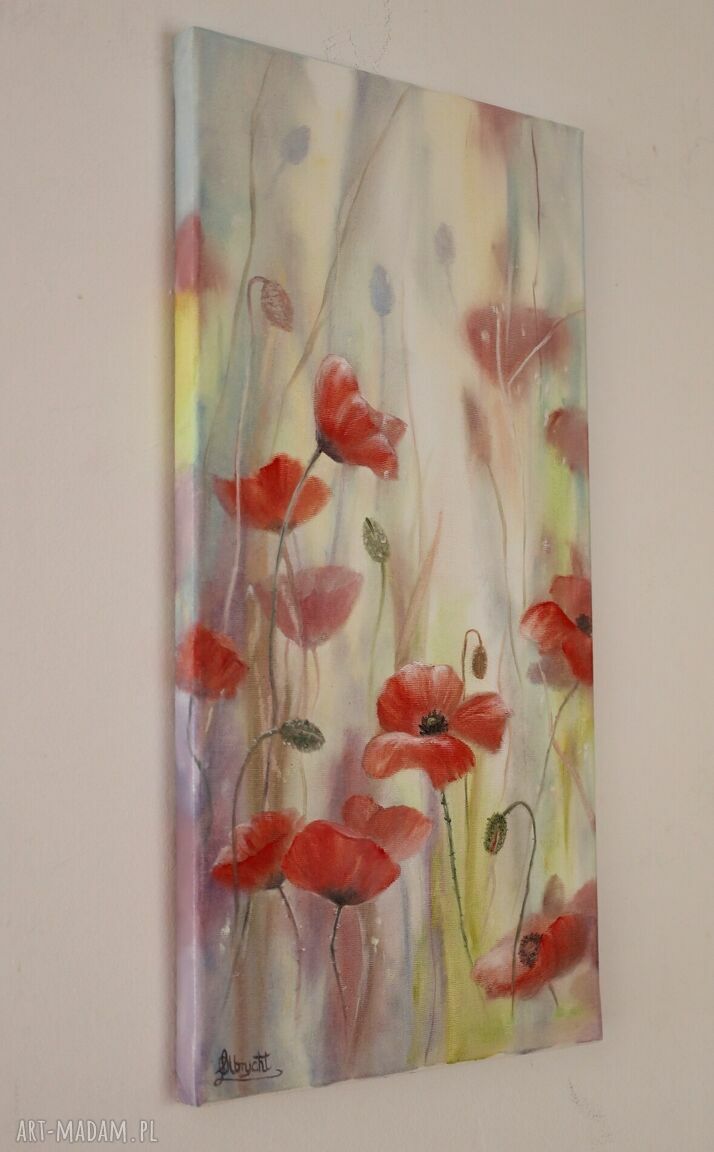 Maki Impresja - ręcznie malowany obraz olejny na płótnie 60x30 cm