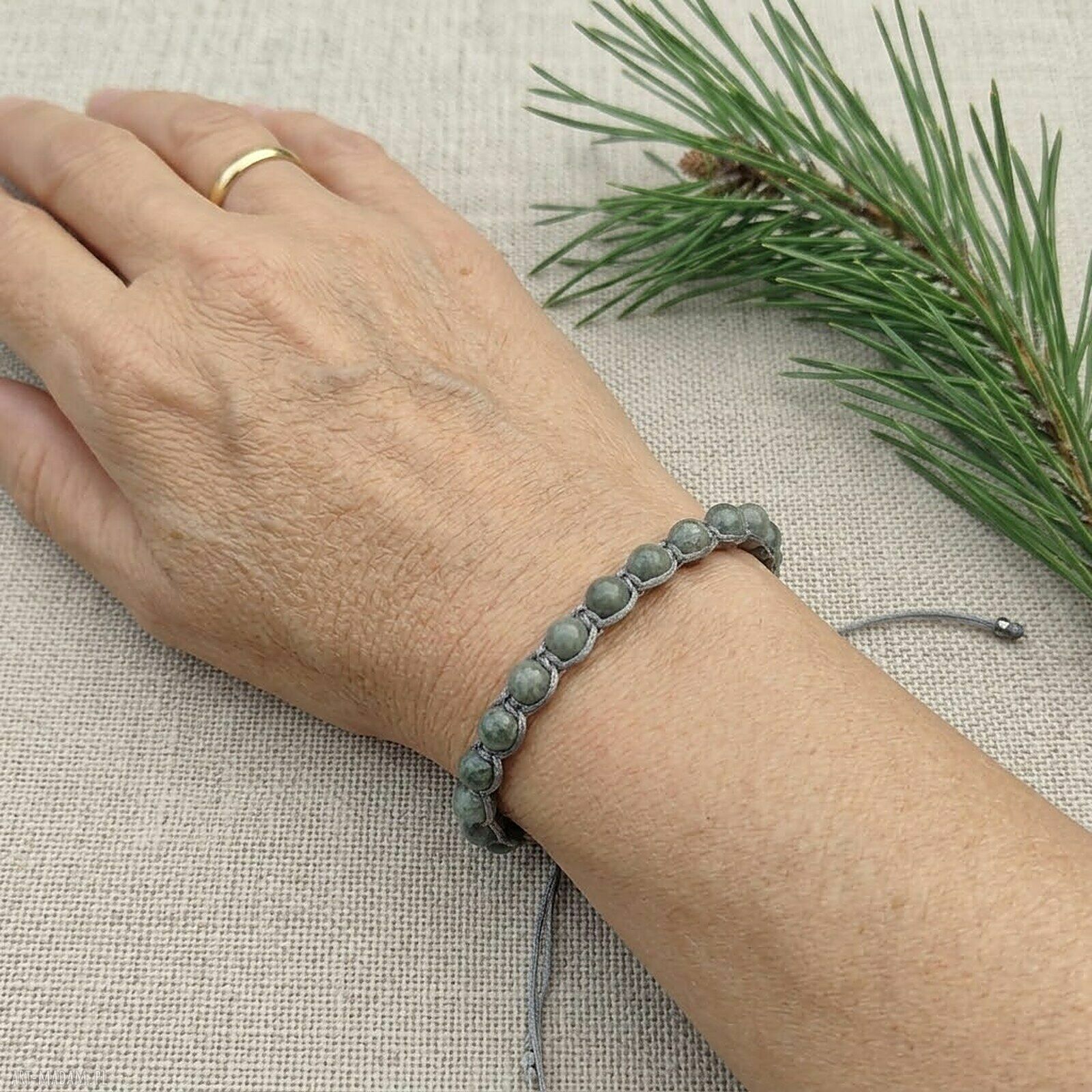 Bransoletka z naturalnym serpentynitem - szaro-zielona makrama