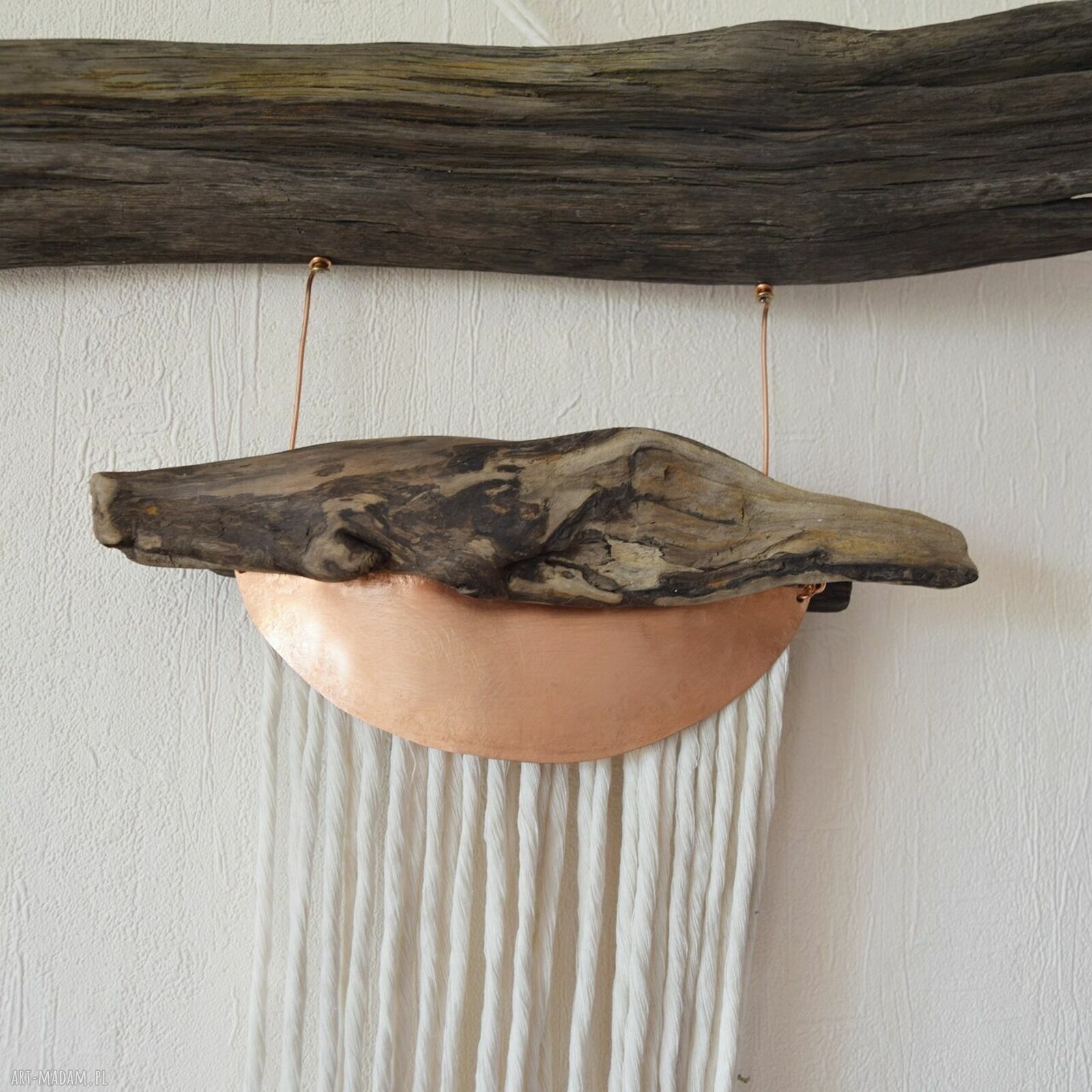 Makrama dekoracja ścienna Japandi Wabi-Sabi ze starego drewna i miedzią