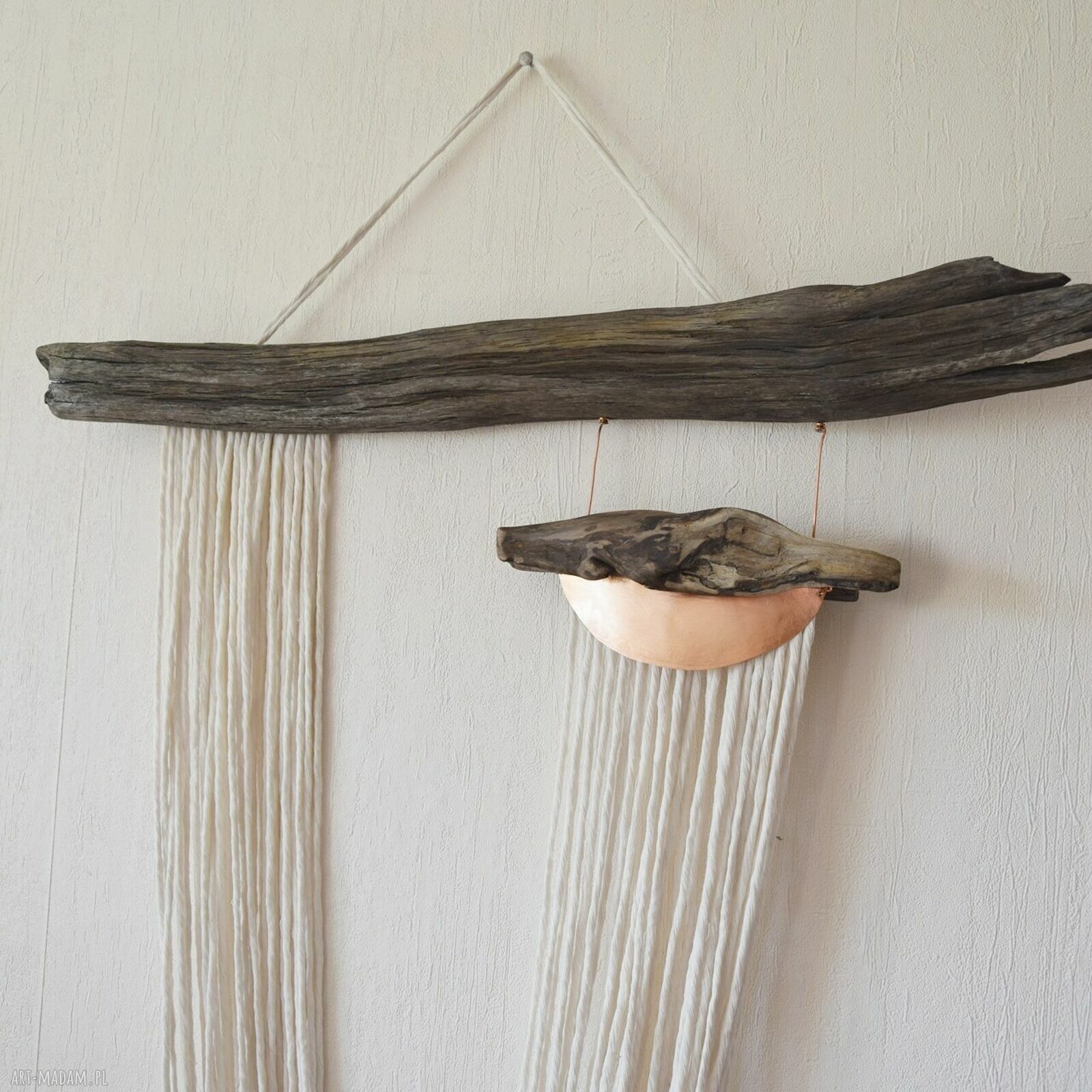 Makrama dekoracja ścienna Japandi Wabi-Sabi ze starego drewna i miedzią