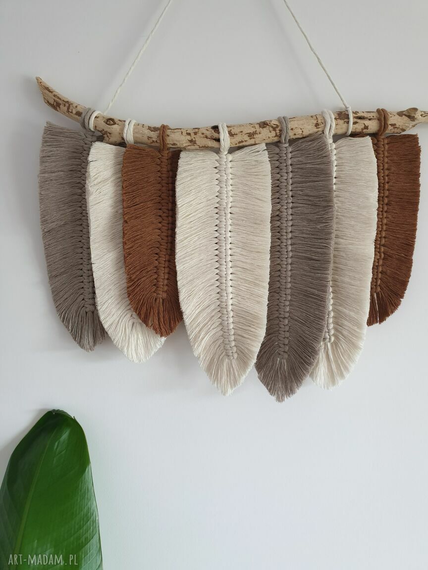 Makrama listki i piórka Beige L duża dekoracja ścienna boho art Madam.pl