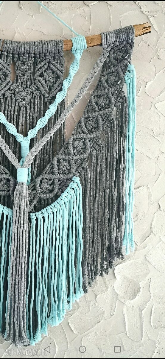 Makrama ścienna boho (mkr 17) w szarości i turkusie