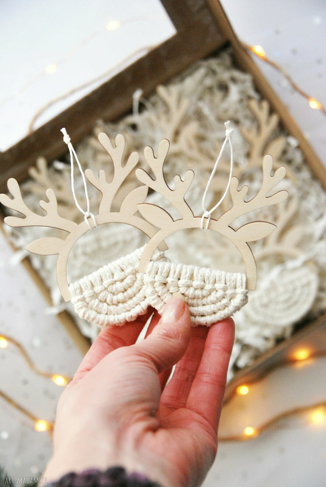Makramowe ozdoby na choinkę - renifery, zestaw 6 zawieszek boho