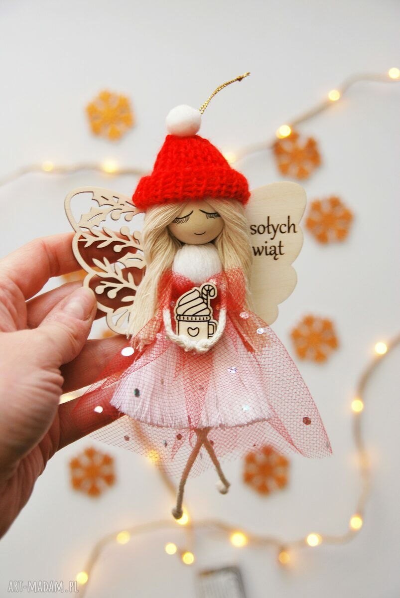 Makramowy aniołek świąteczny na Boże Narodzenie - ręcznie robiona zawieszka (ok. 19 cm)