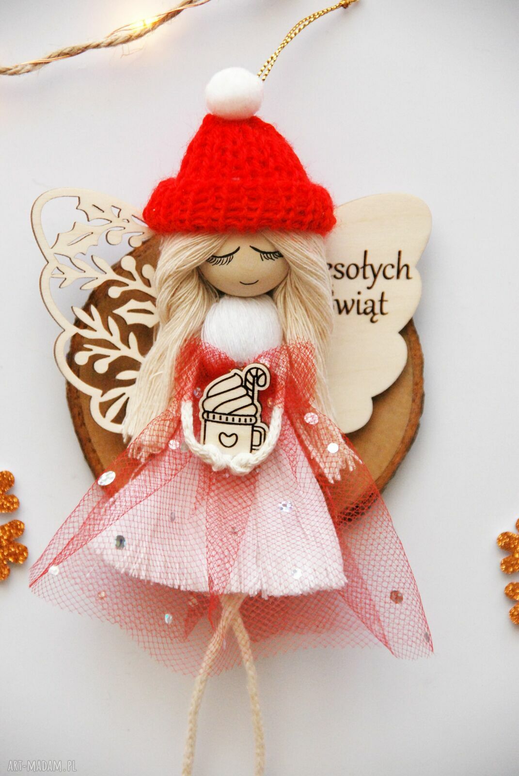 Makramowy aniołek świąteczny na Boże Narodzenie - ręcznie robiona zawieszka (ok. 19 cm)