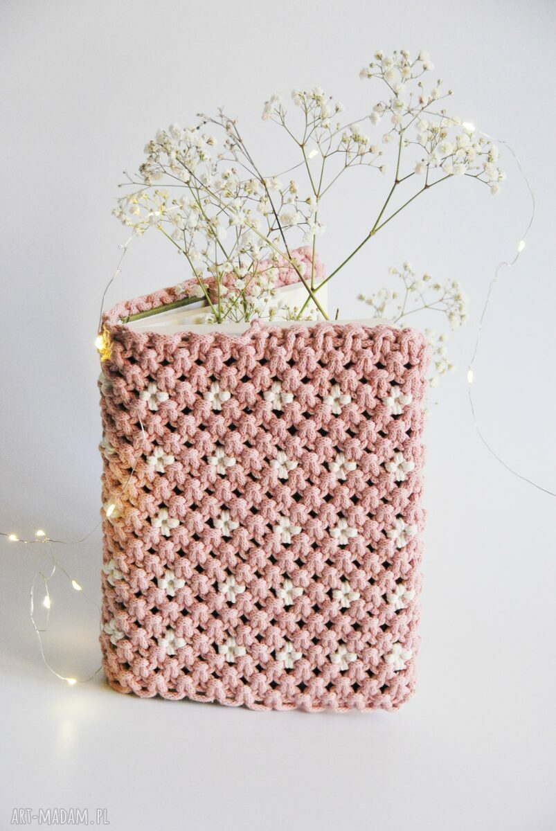 Makramowy otulacz na książkę A5 - różany pokrowiec 3 mm handmade