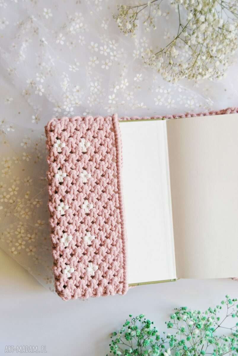 Makramowy otulacz na książkę A5 - różany pokrowiec 3 mm (handmade)