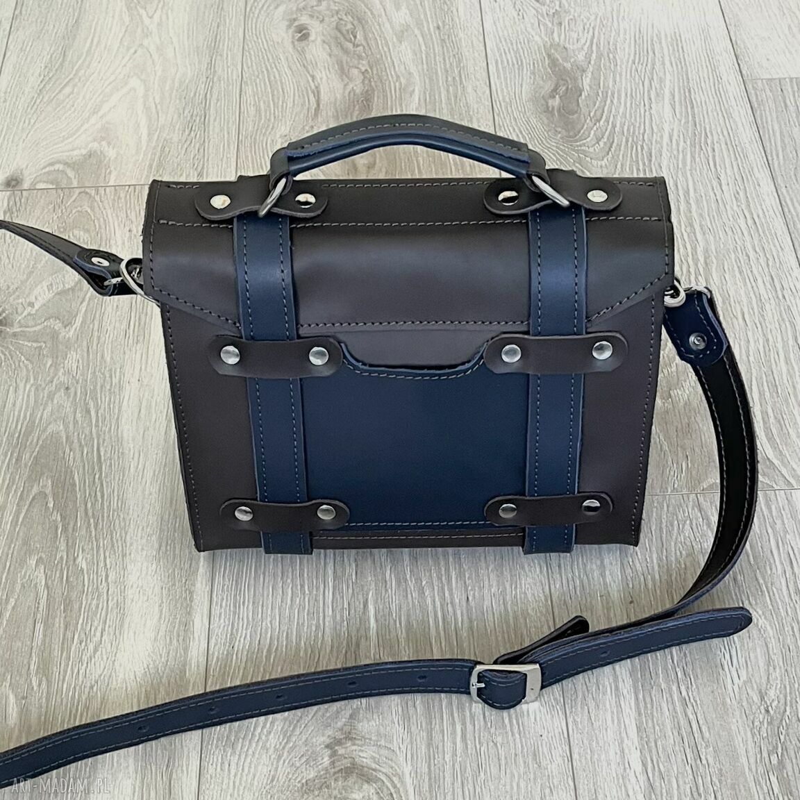 mini: Mała brązowo granatowa skórzana teczka na ramię. Autorskie