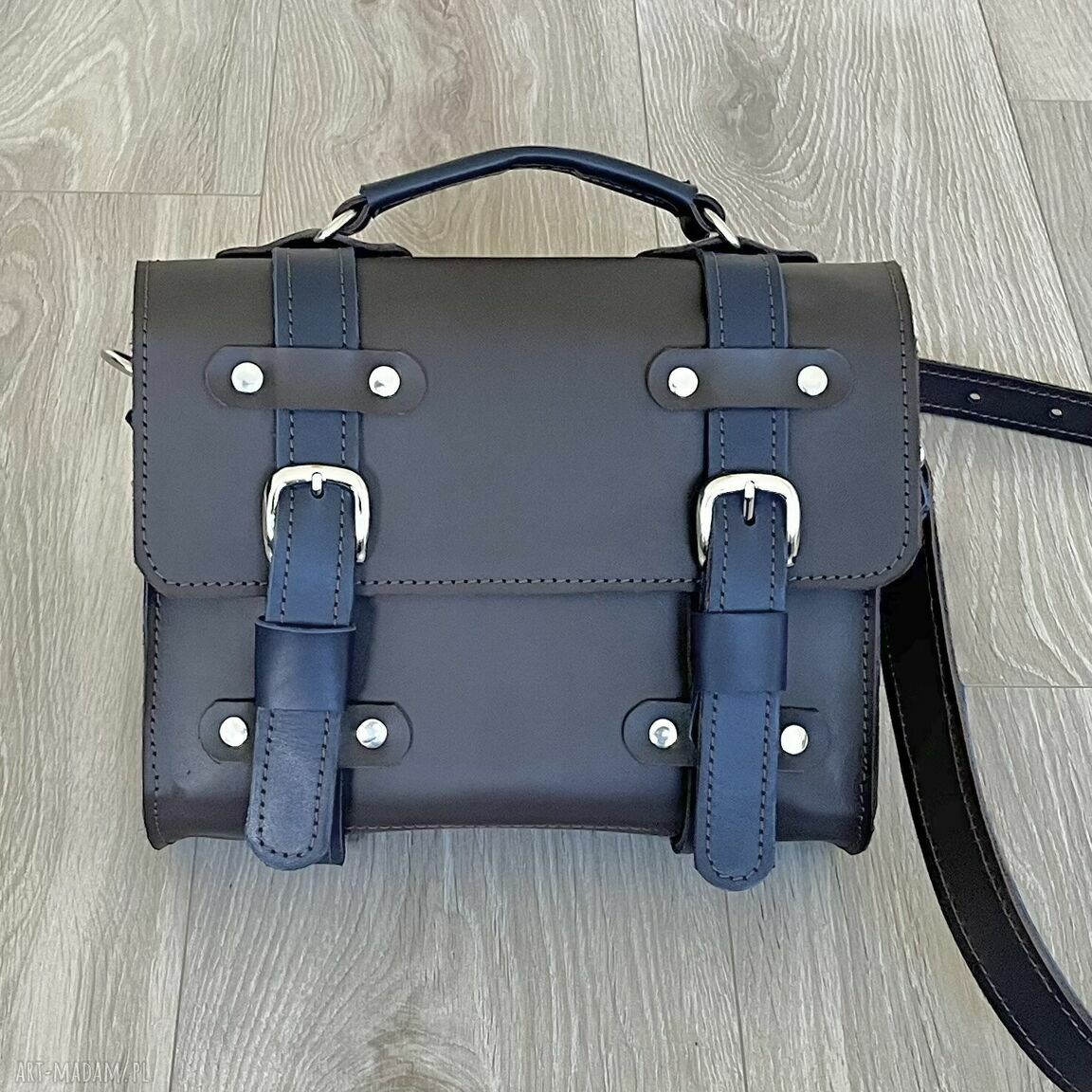 Mała brązowo granatowa skórzana teczka ramię torebka damska skóry