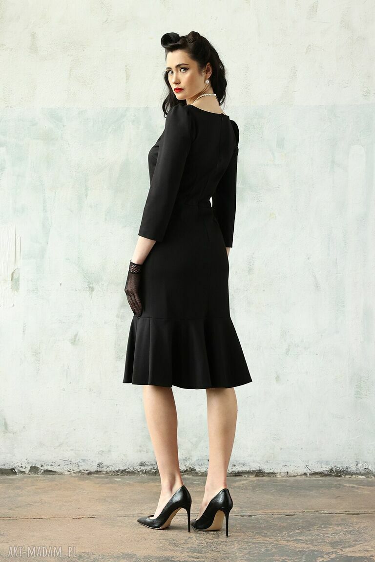 Mała czarna w stylu retro - elegancka sukienka midi z dzianiny