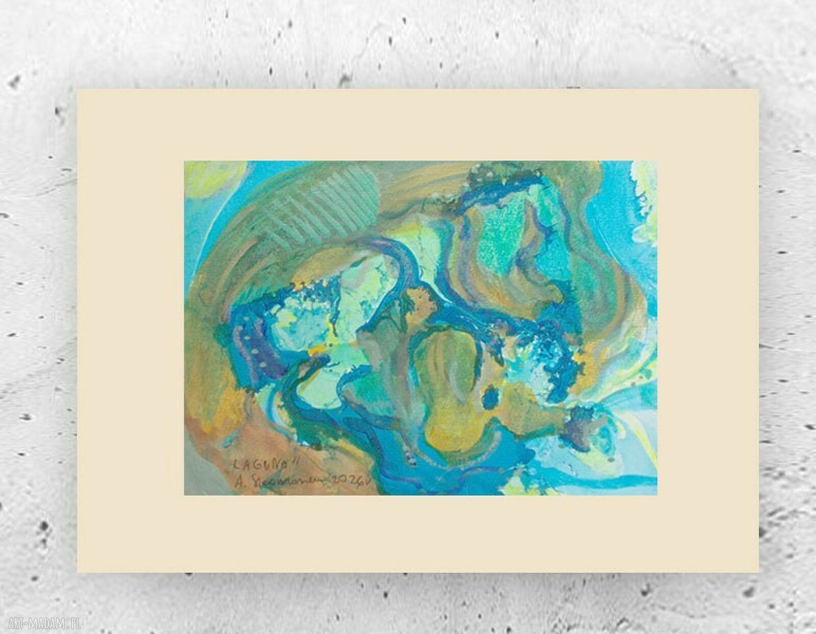 Mała ręcznie malowana grafika „Laguna” A4 - abstrakcja morza