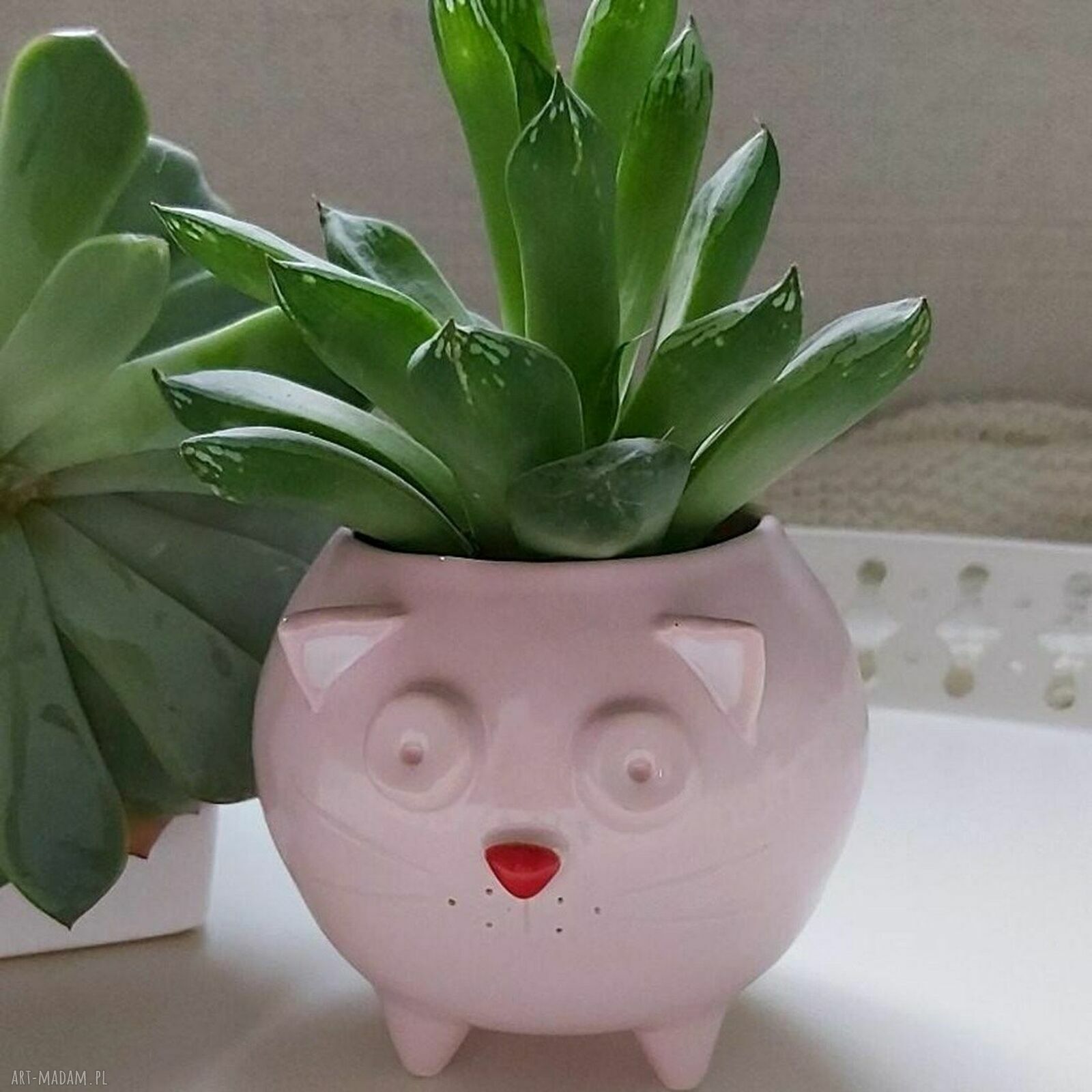 Mała różowa doniczka ceramiczna w kształcie kota Kiziora - Lamabo Ceramics