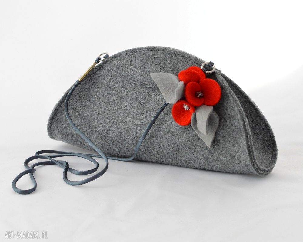 Mała Szara Filcowa Torebka Kopertowka z Czerwonymi Bratkami HandMade