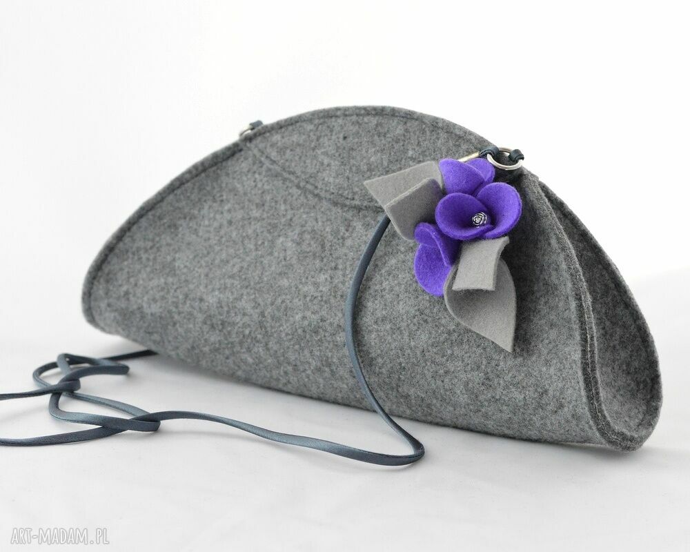 Mała Szara Torebka Kopertówka z Fioletowymi Kwiatkami handmade