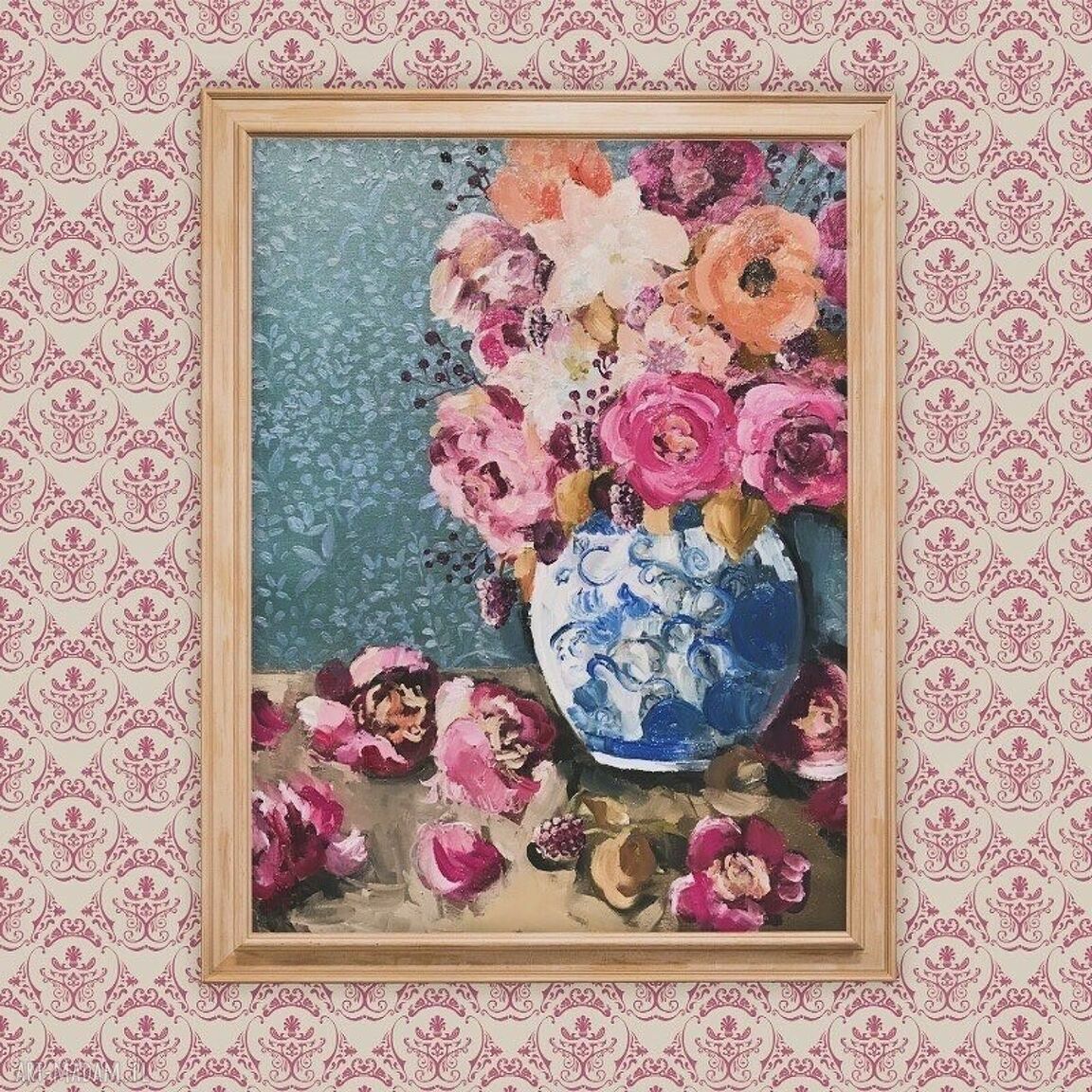 Barwne zamieszanie - ręcznie malowany obraz kwiaty w wazonie 50x40