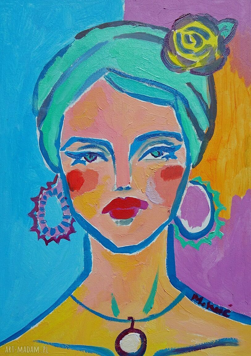 Obraz olejny portret kobiety w turbanie do salonu ręcznie malowany A4 (limitowany)