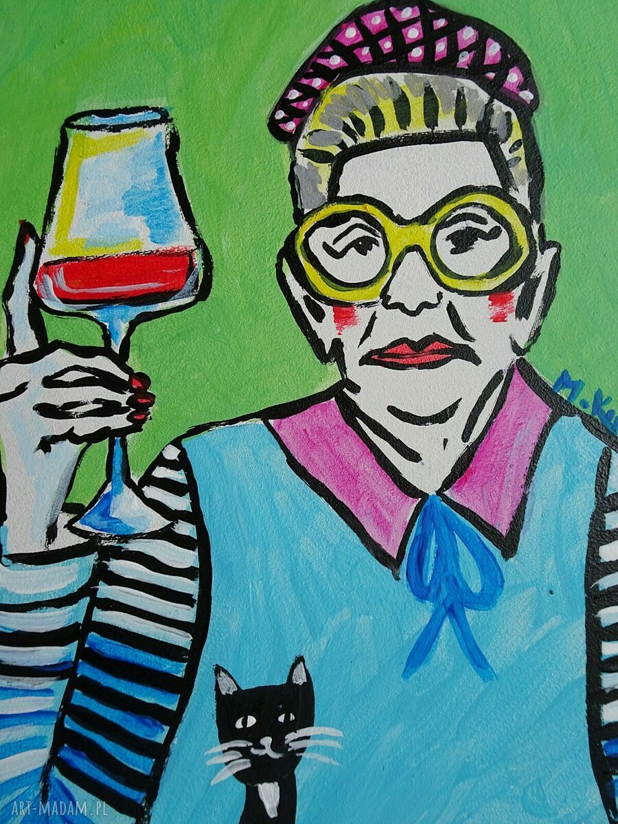 Obraz babcia z lamką wina ręcznie malowany akryl na płycie 21/29 cm do salonu
