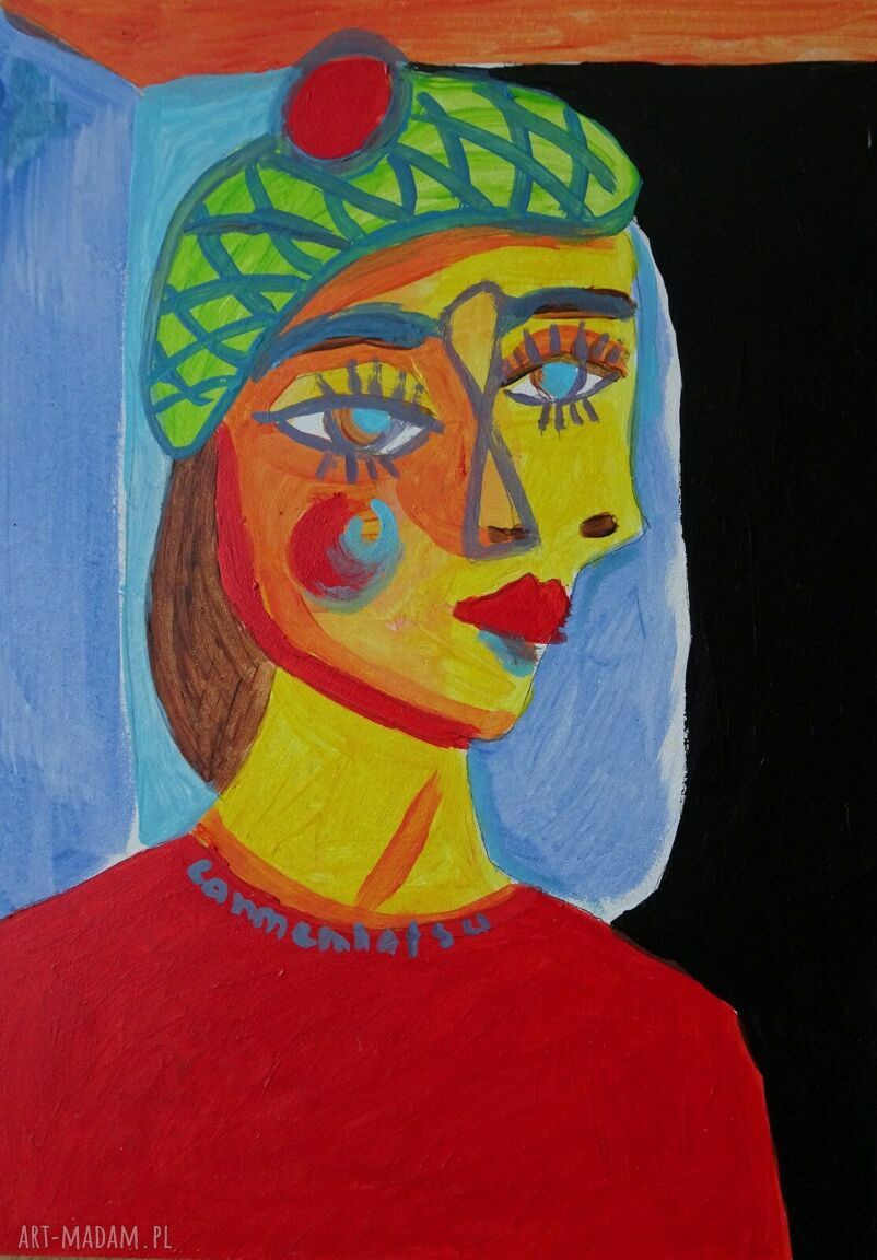 Obraz olejny „Dama w berecie” portret 21x29 cm