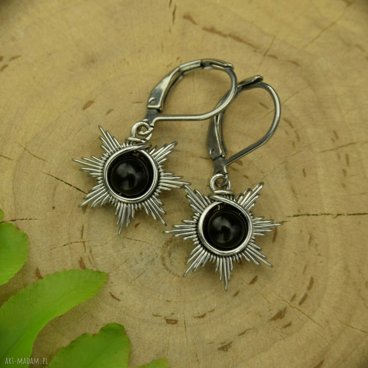 Małe kolczyki słoneczka z obsydianem - wire wrapping