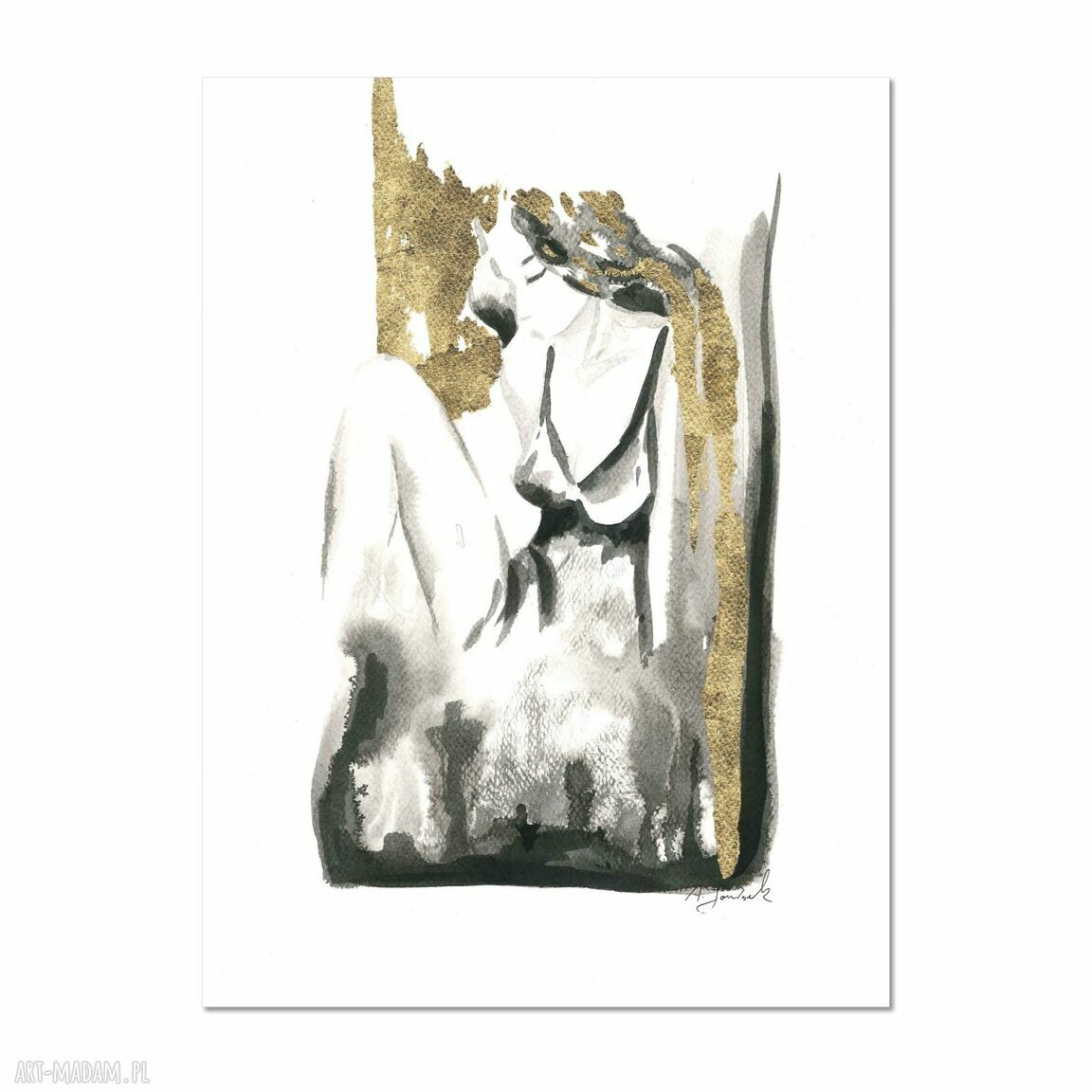 Ręcznie malowana i złocona grafika z cyklu „ONA” 30x40 cm