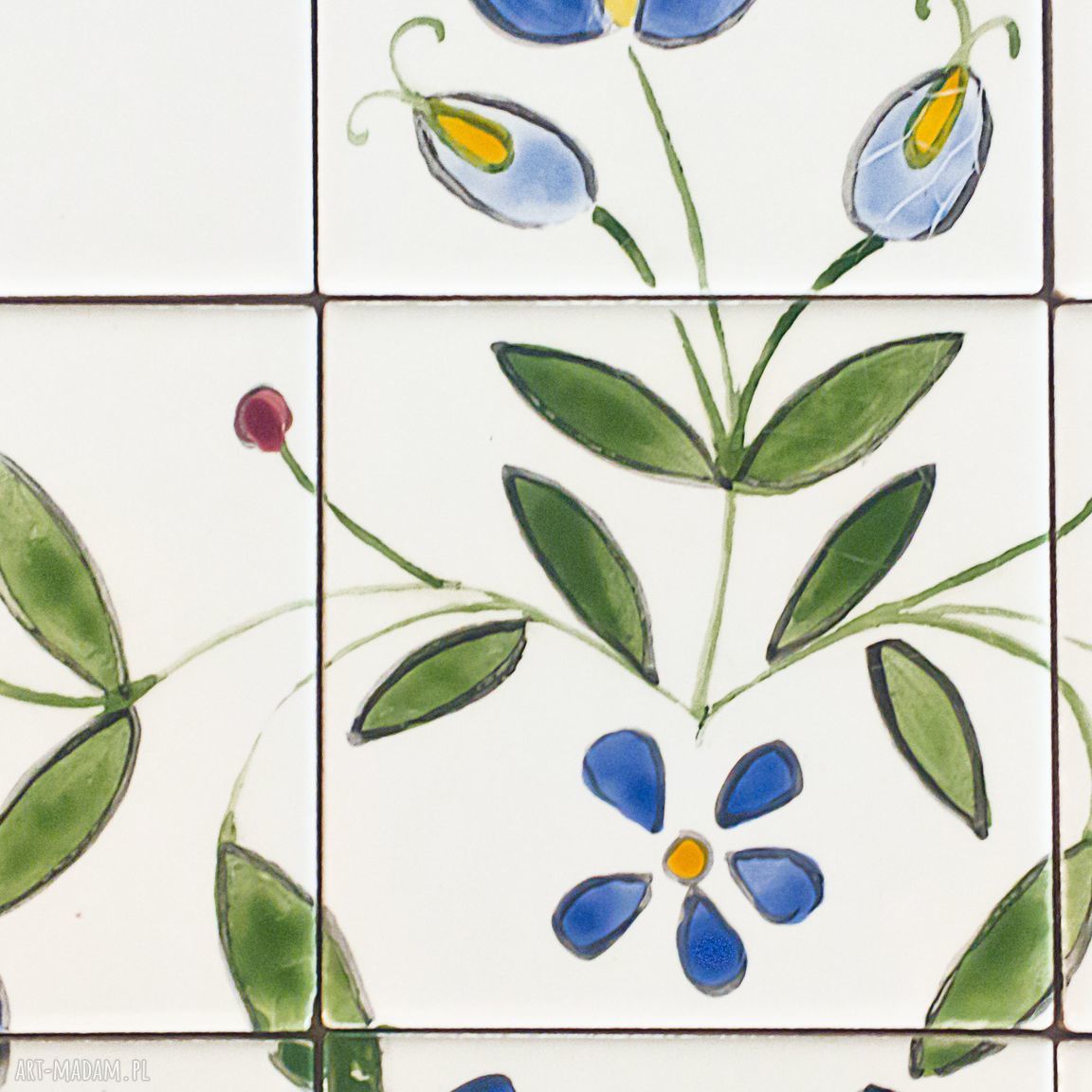 Ręcznie malowane dekory ceramiczne etno - zestaw 9 białych kafelków