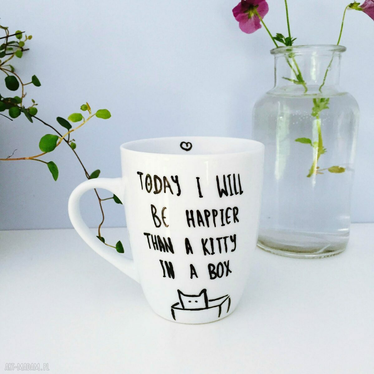 Kubek happier than kitty kot kotek malowany śmieszny biały