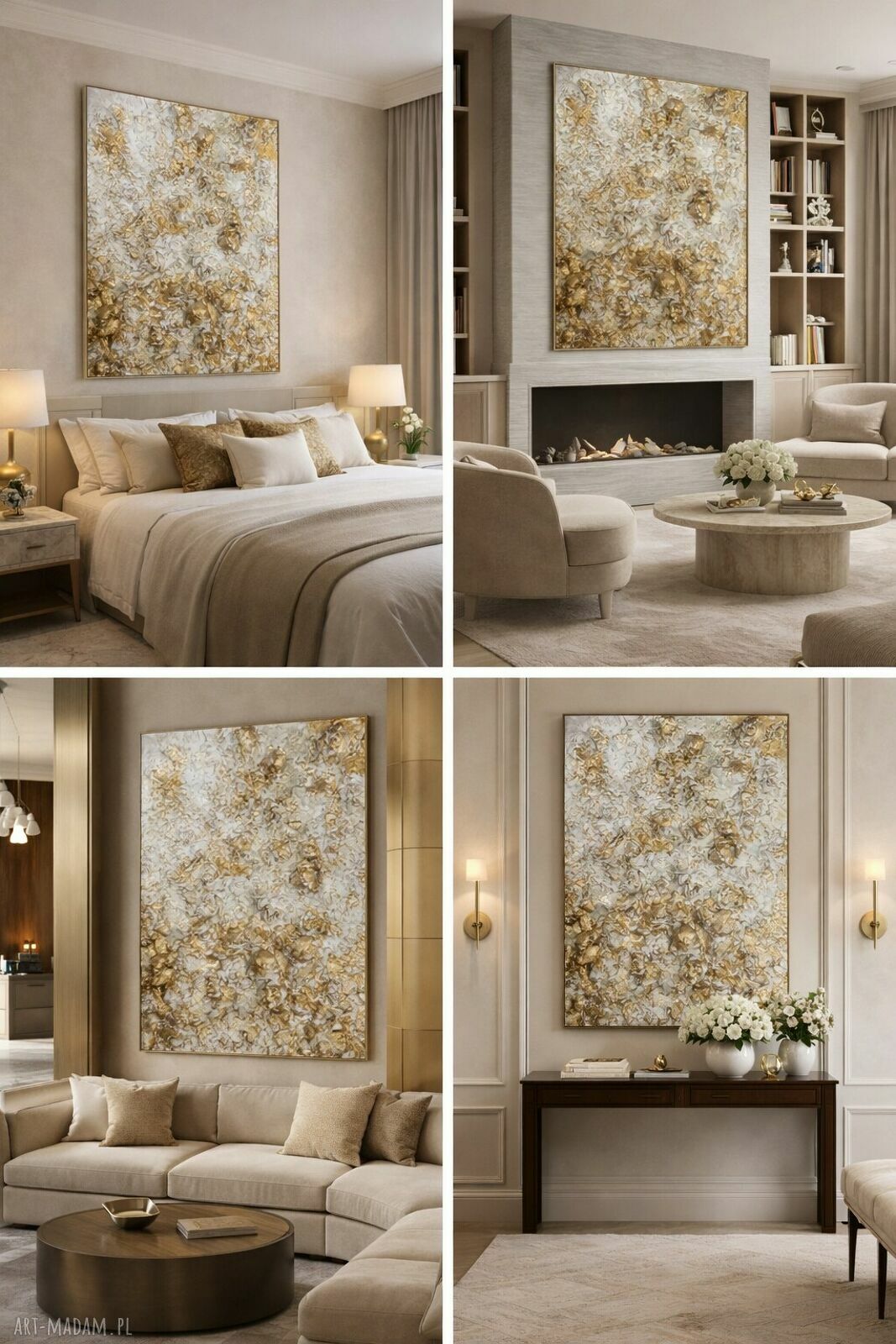 Ręcznie malowany obraz strukturalny 3D XXL - płaskorzeźba 70x100 cm, biel, krem i złoto