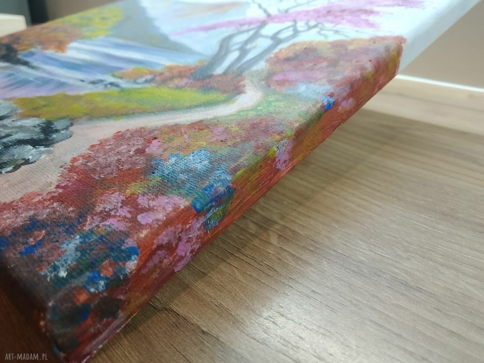 Ręcznie malowany obraz akrylowy z ramą i motywacyjnym mottem - „Taniec z barw” (30x24 cm)
