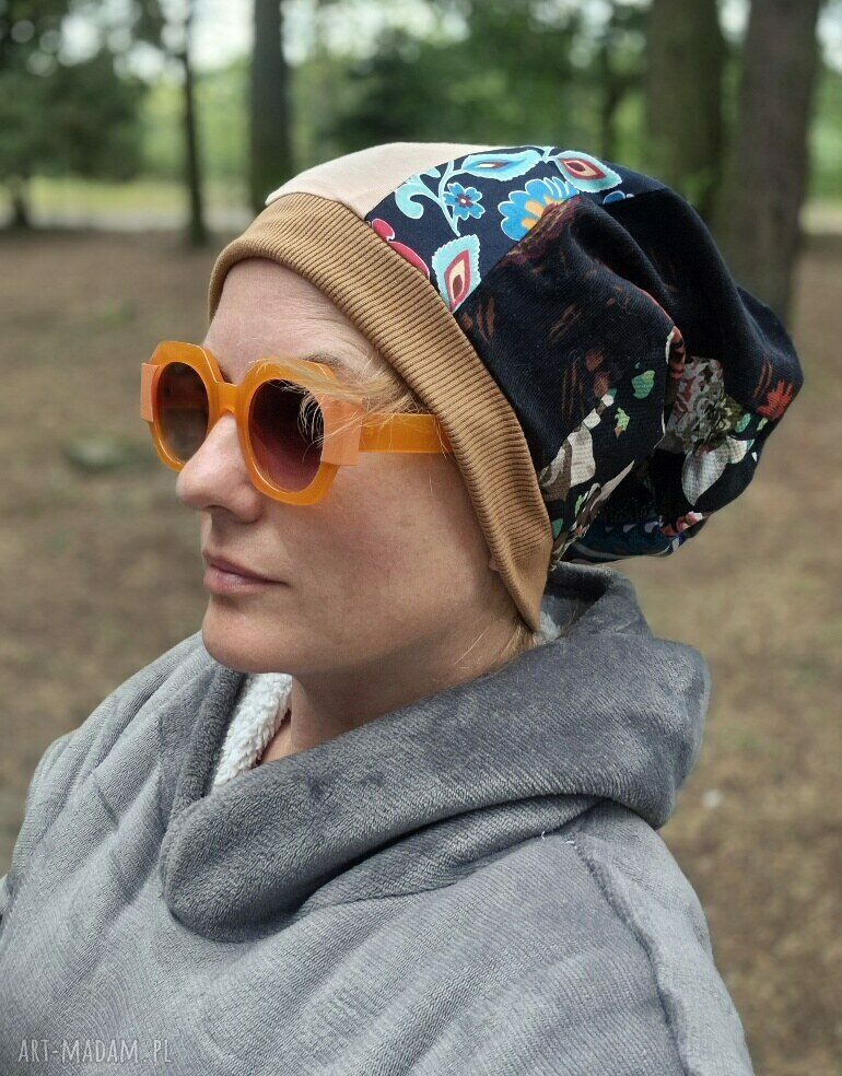 Malownicza czapka patchworkowa unisex na rower z podszewką Smerfetka - ręcznie szyta