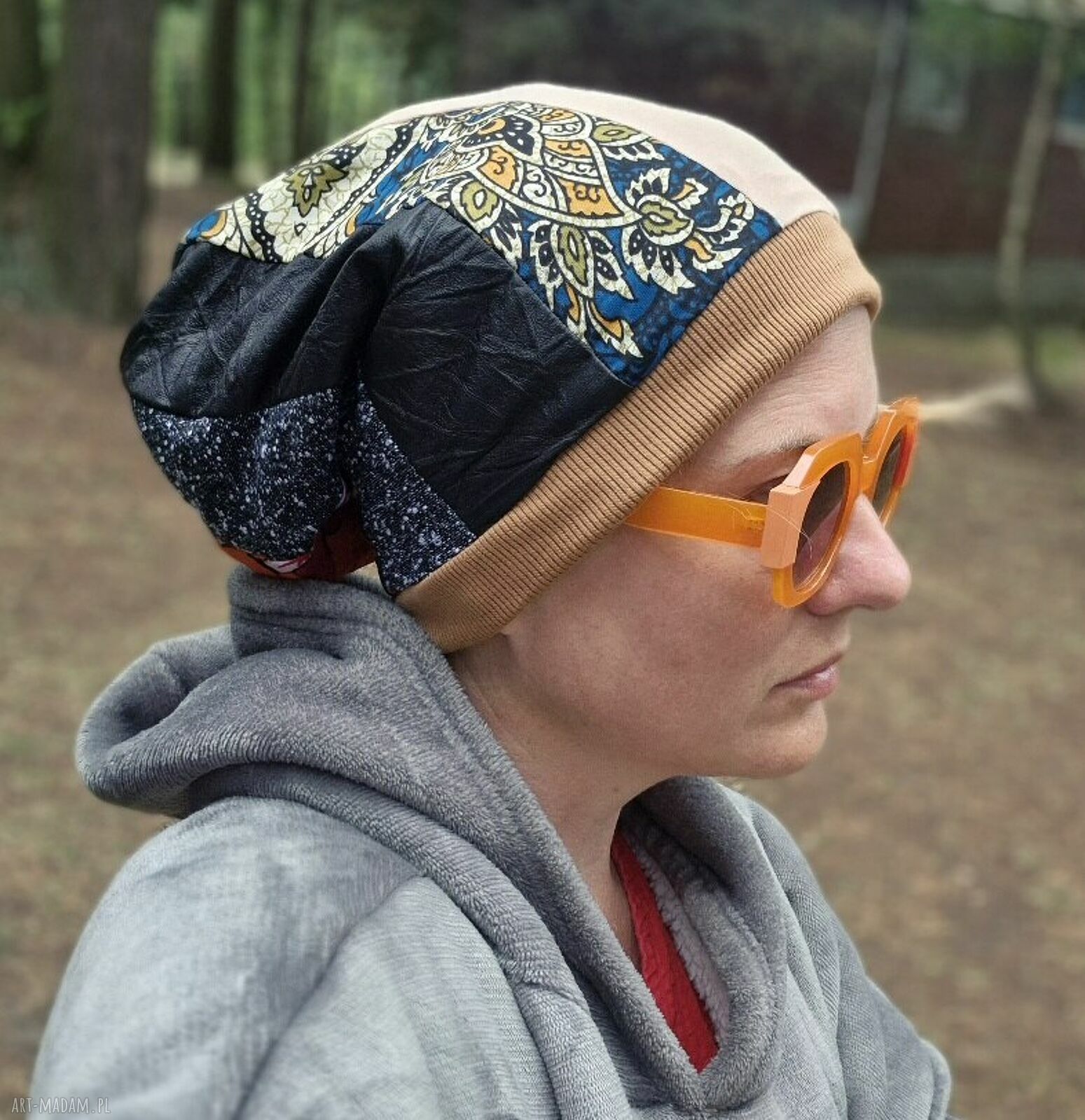 Malownicza czapka patchworkowa unisex na rower z podszewką Smerfetka - ręcznie szyta