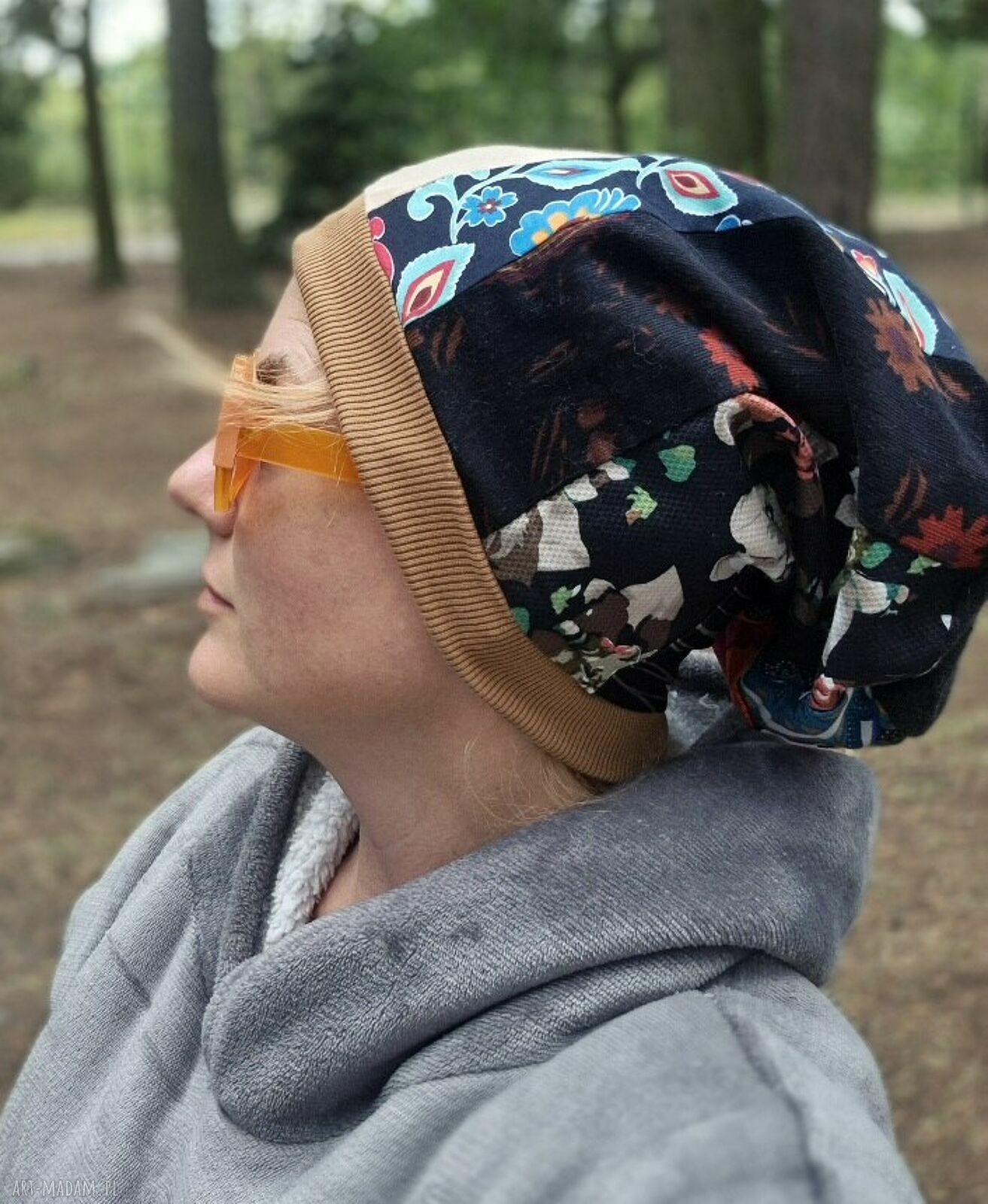 Malownicza czapka patchworkowa unisex na rower z podszewką Smerfetka - ręcznie szyta
