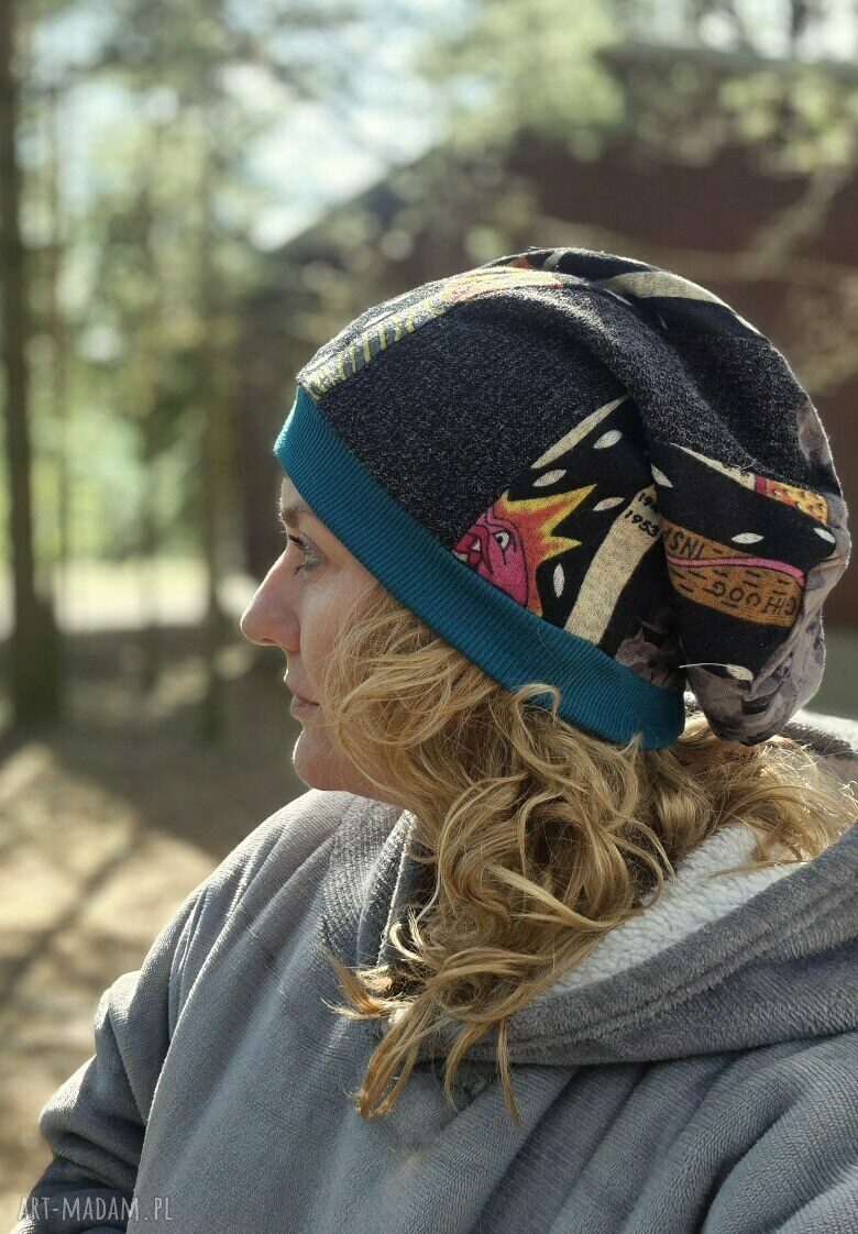 Czapka unisex Smerfetka na podszewce - patchwork ręcznie szyta na co dzień