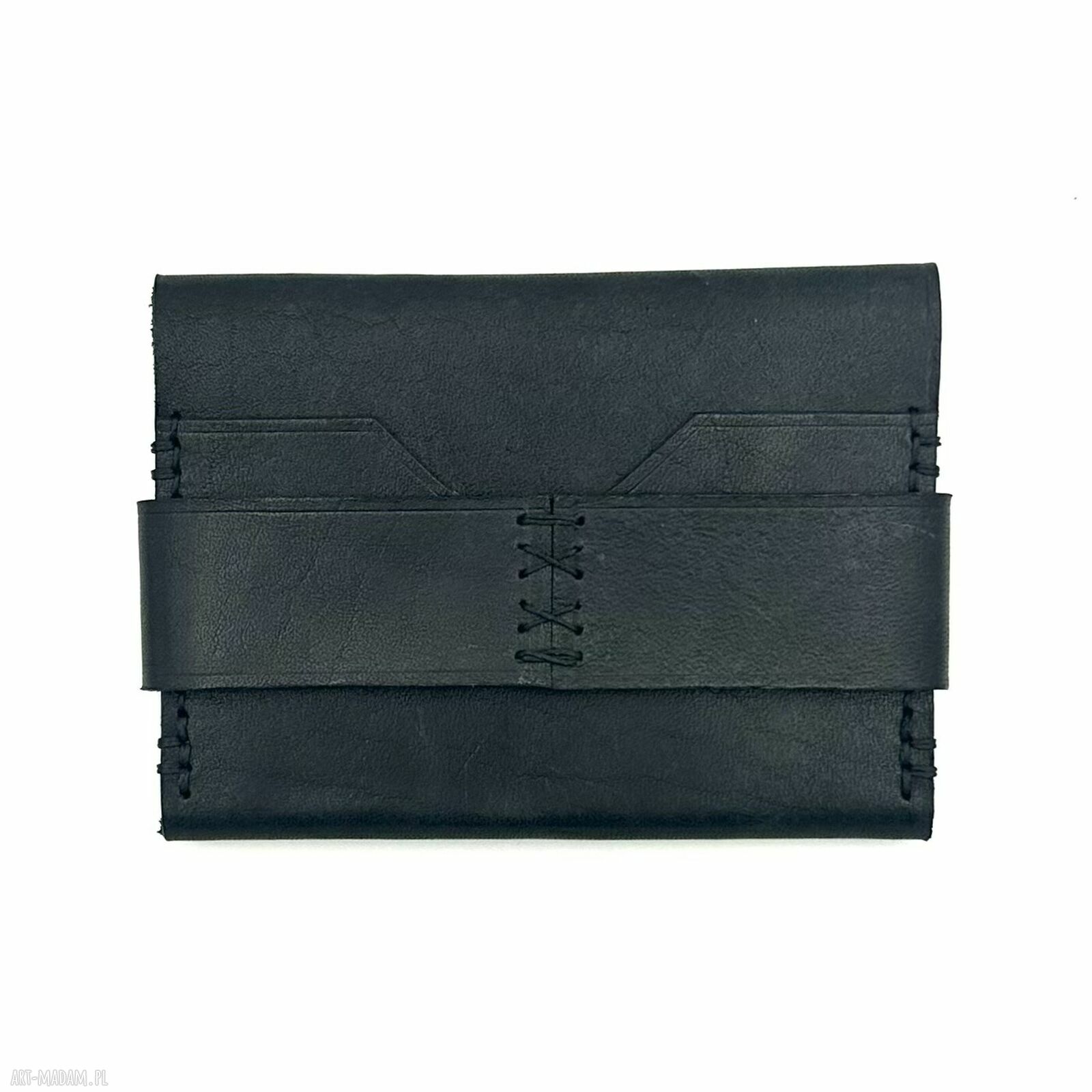 portfele: Mały czarny portfel skórzany na karty ręcznie uszyty. Hand Made