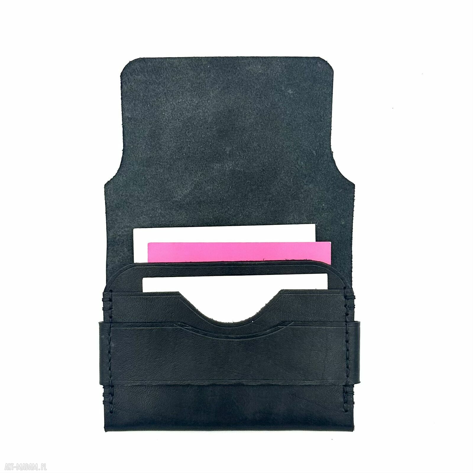 portfele: Mały czarny portfel skórzany na karty ręcznie uszyty. Hand Made