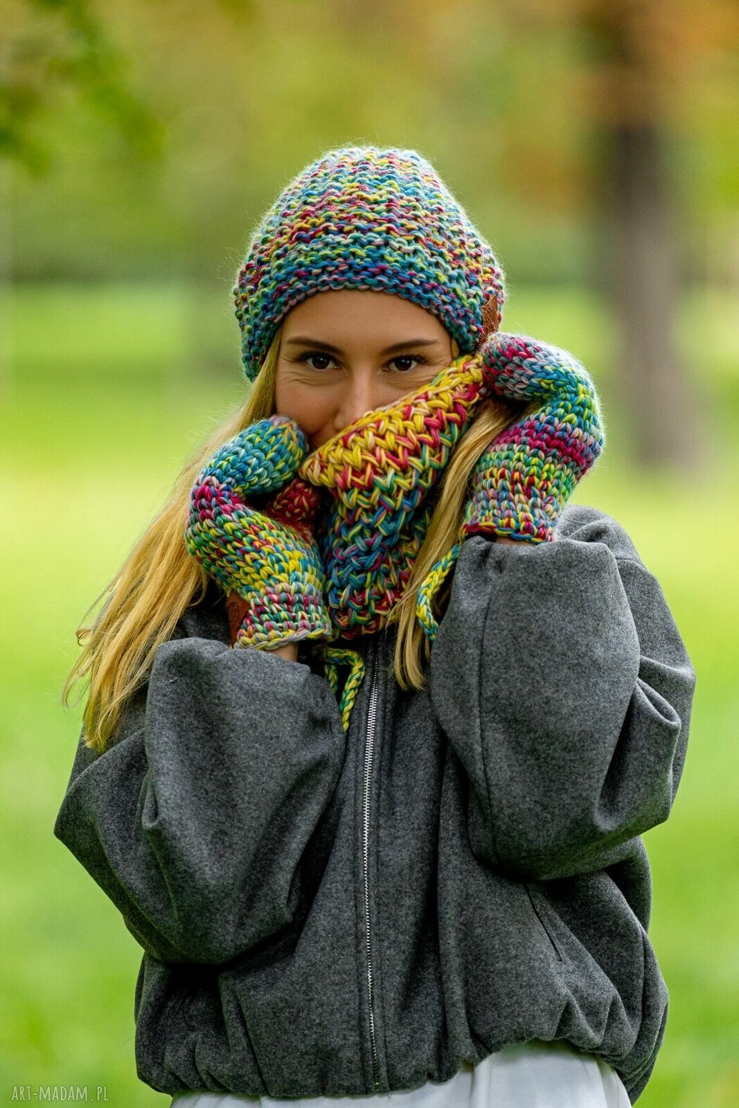Mały komin MERINO 100% 'Cukierki' - damski komin na drutach