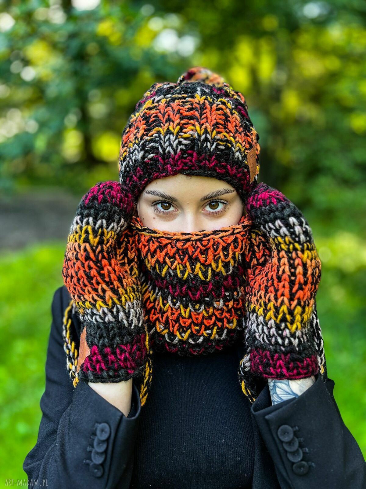 Mały komin MERINO 50% „Ciemna jesień” - na drutach, handmade