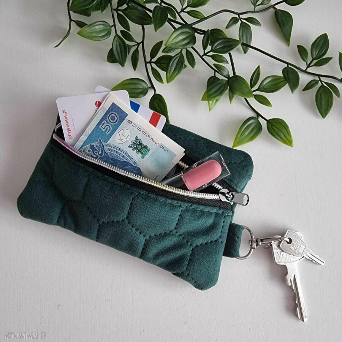 Mały organizer etui portfel do nerki - welur butelkowa zieleń OE01