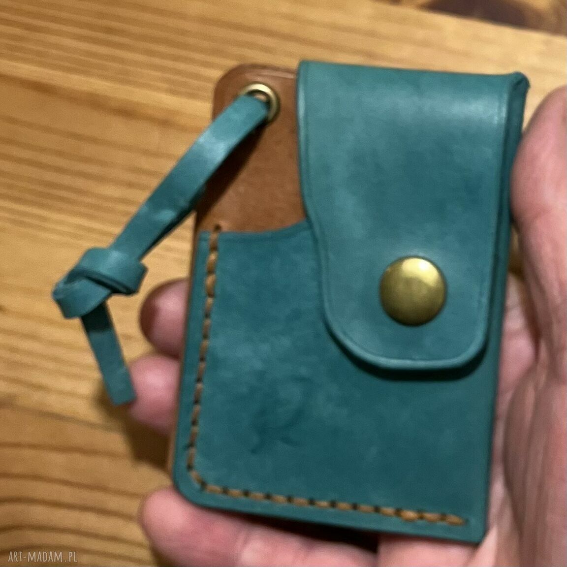 portfele: Mały portfel skórzany turkusowo brązowy ręcznie uszyty na karty. Autorskie