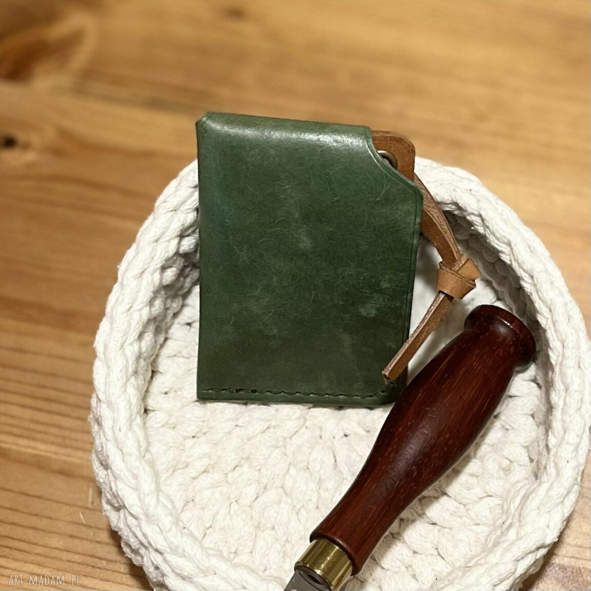 portfele: Mały portfel skórzany zielono brązowy ręcznie uszyty na karty. Hand Made