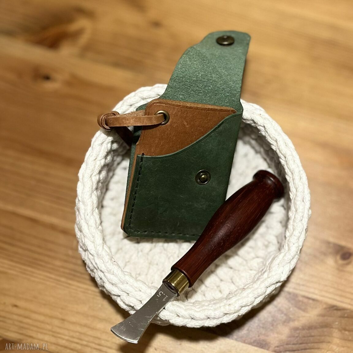 portfele: Mały portfel skórzany zielono brązowy ręcznie uszyty na karty. Hand Made